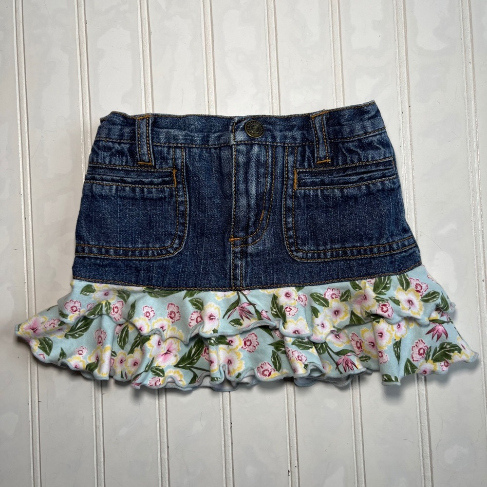Mary-Kate and Ashley Girls Denim Floral Ruffle Skort Blue 18M Tiered Kidcore